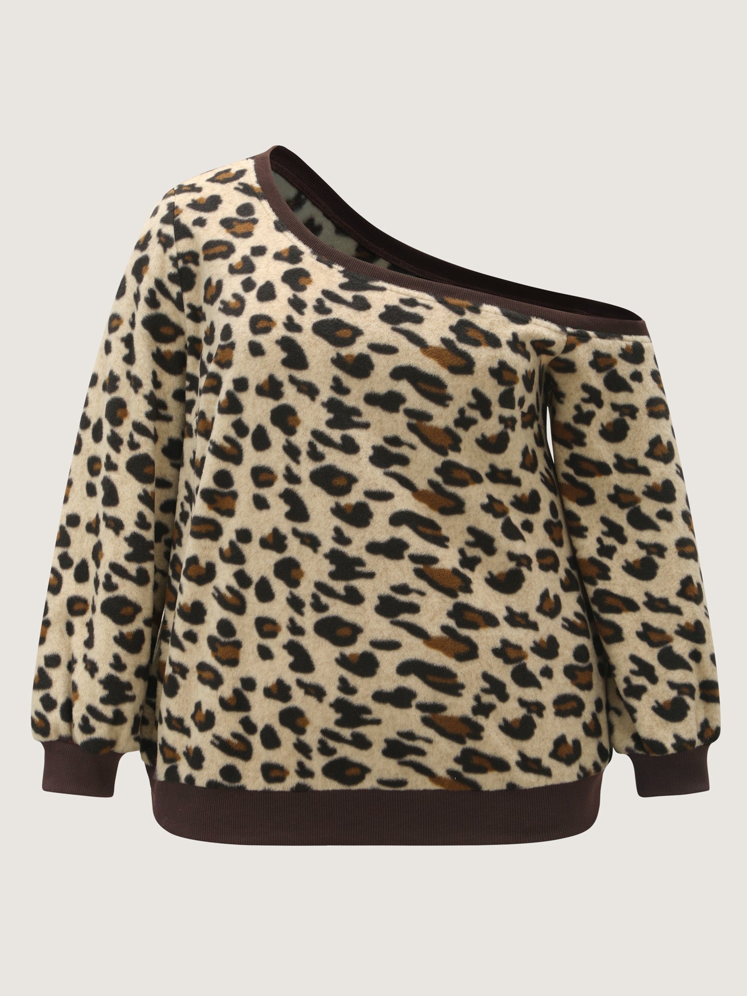 Velvety Leopard Print One-Shoulder Sweatshirt