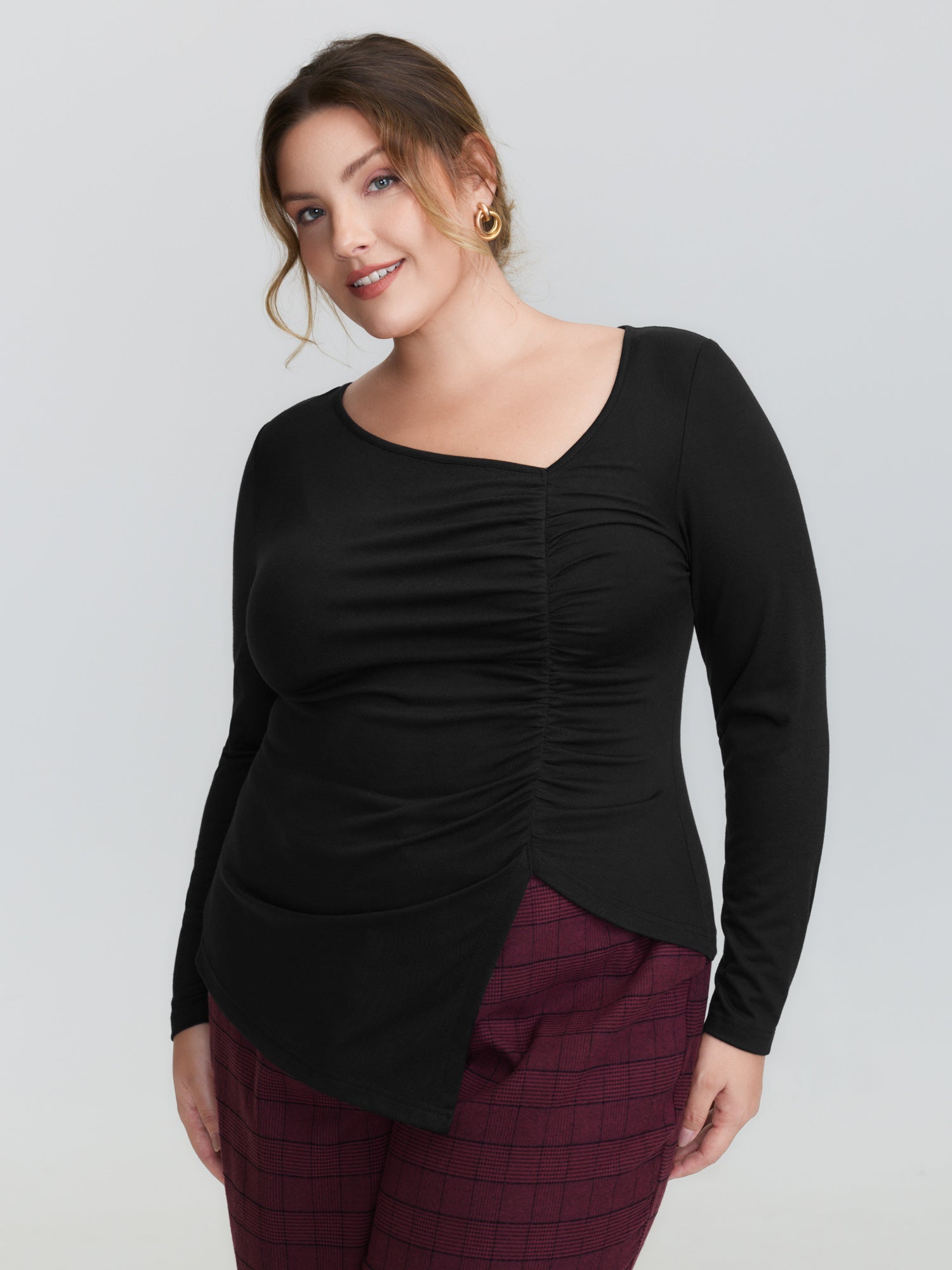 Asymmetrical Neckline Ruched Stretchy Knit Top