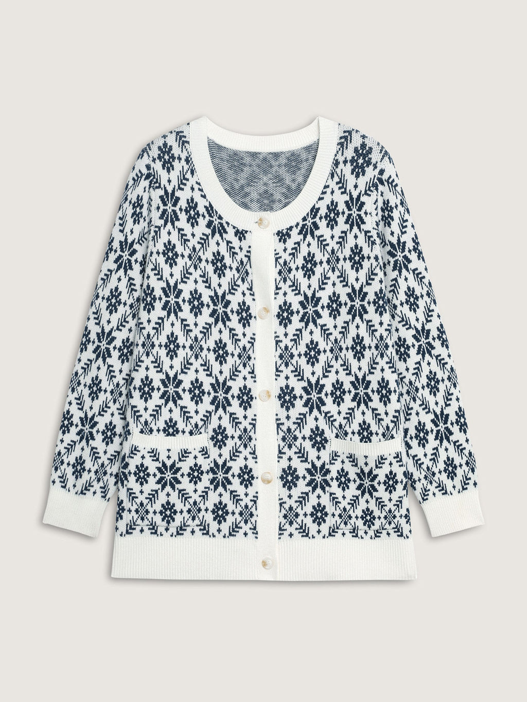 Supersoft Snowflake Jacquard Pattern Pockets Knit Cardigan