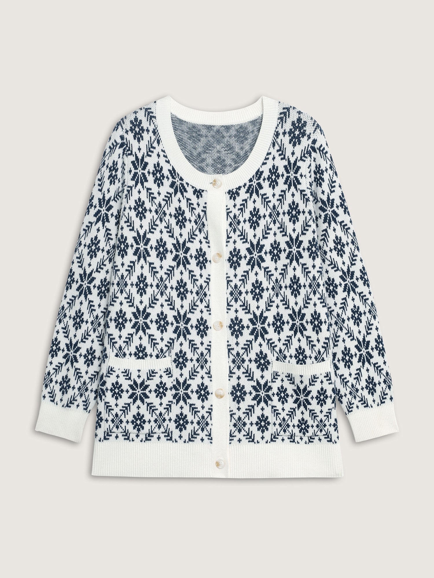 Supersoft Snowflake Jacquard Pattern Pockets Knit Cardigan