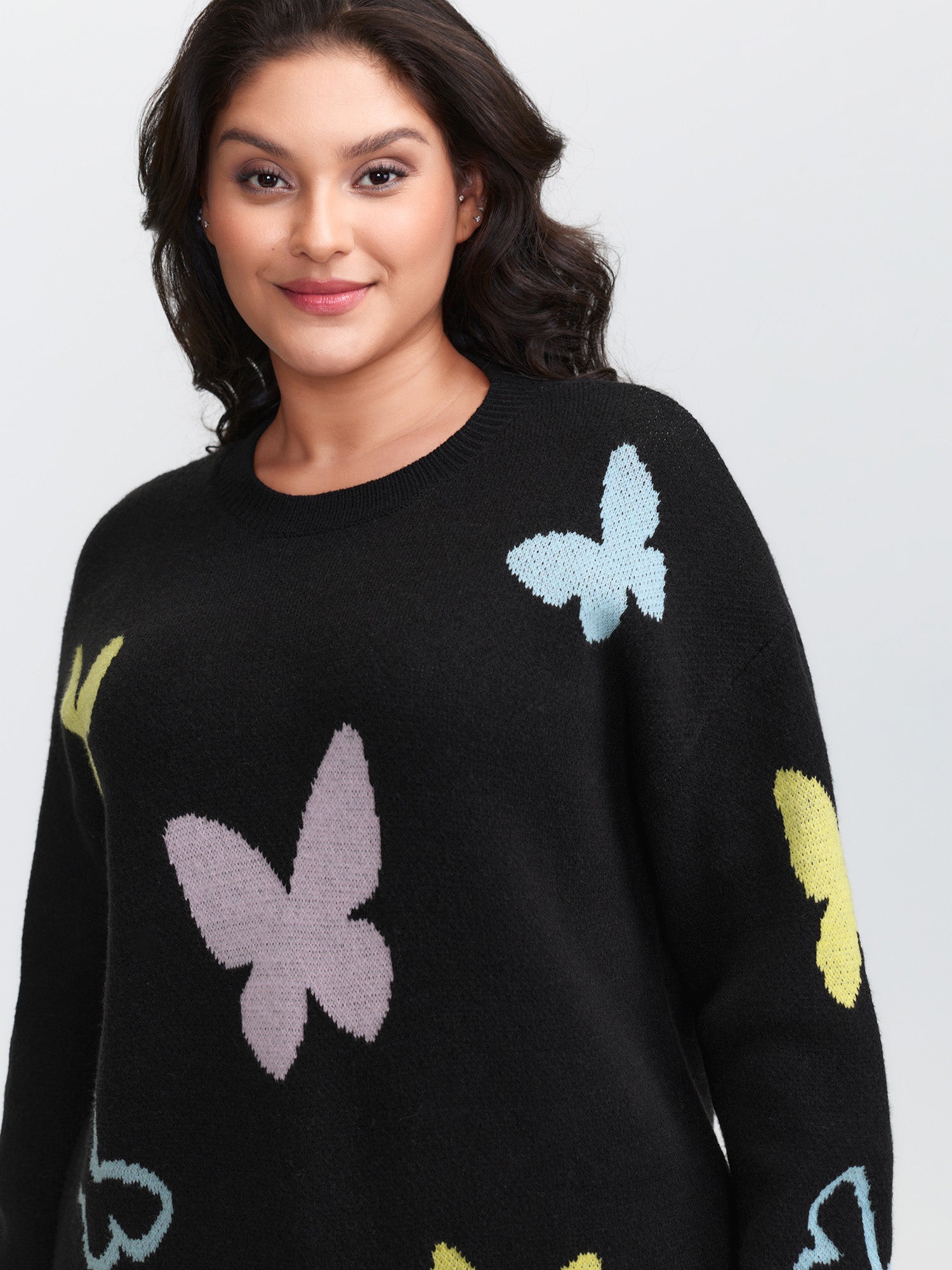 Butterfly Jacquard Pattern Round Neck Pullover