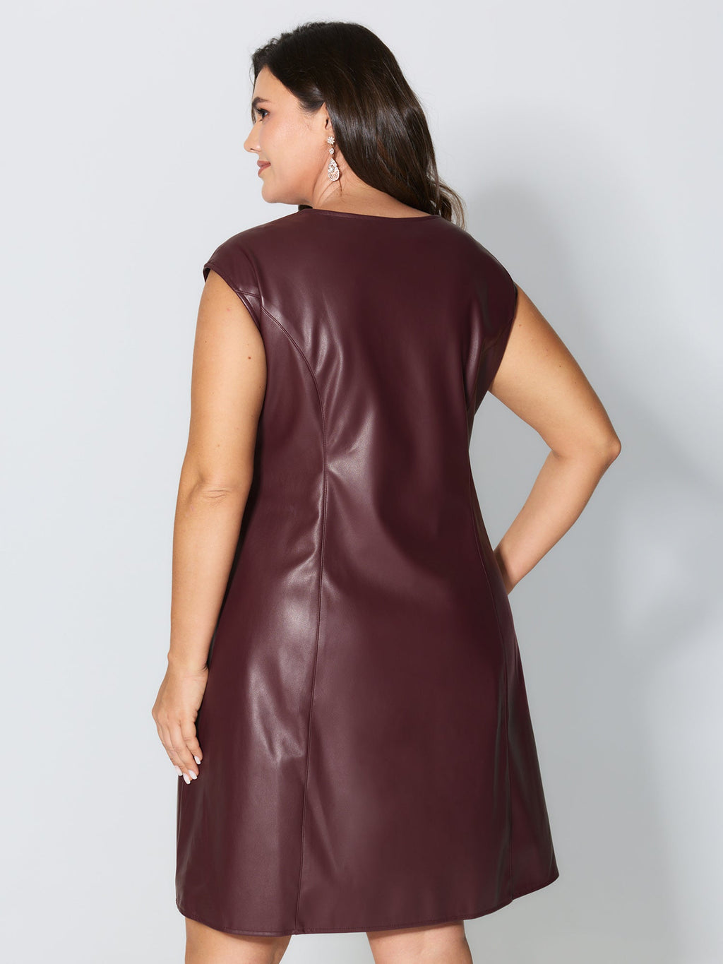 Artificial Leather Metal Detail Neckline Midi Dress