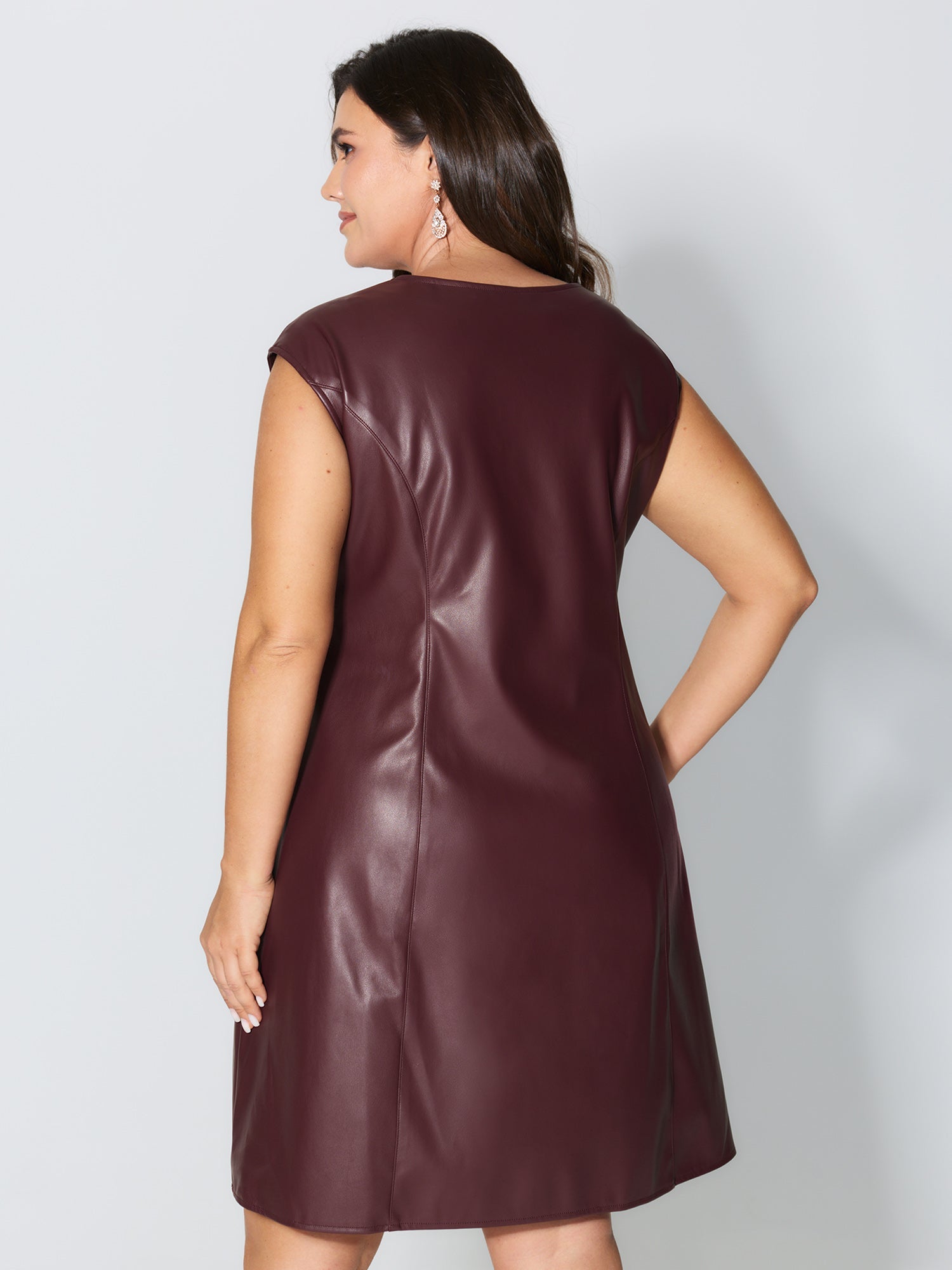 Artificial Leather Metal Detail Neckline Midi Dress