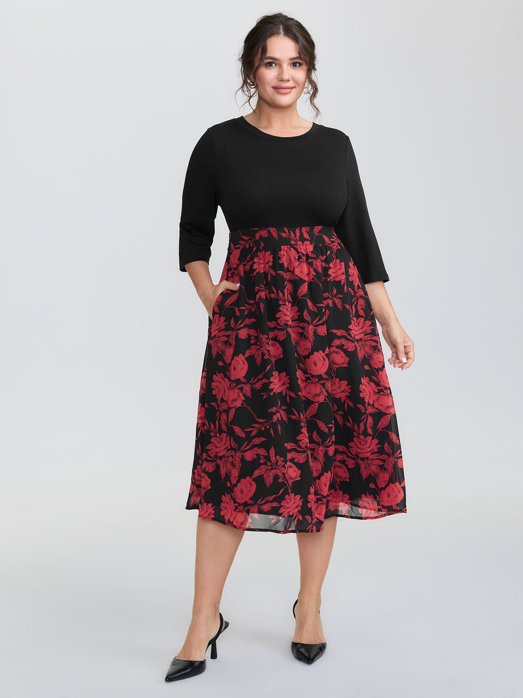 Floral Shirred Waist Color Contrast Midi Dress