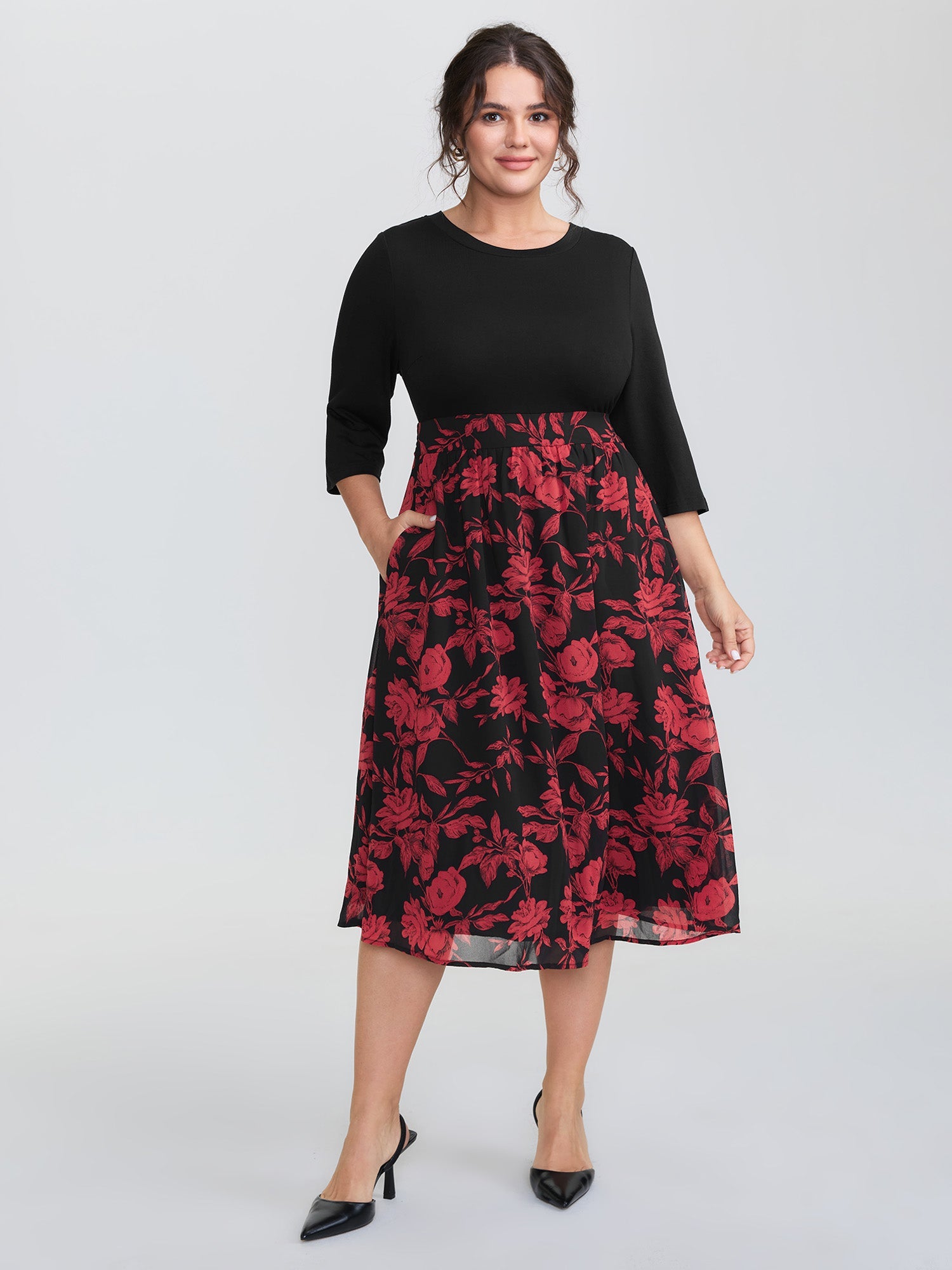 Floral Shirred Waist Color Contrast Midi Dress