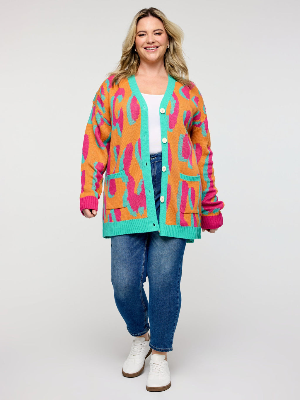 Colorful Leopard Button Pockets Knit Cardigan