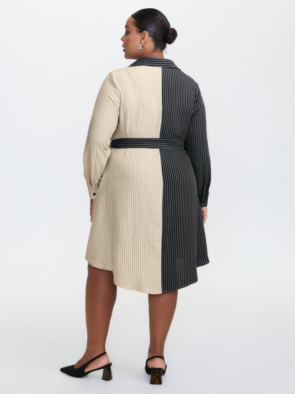 Colorblock Belted Waist Midi Shirt Dress