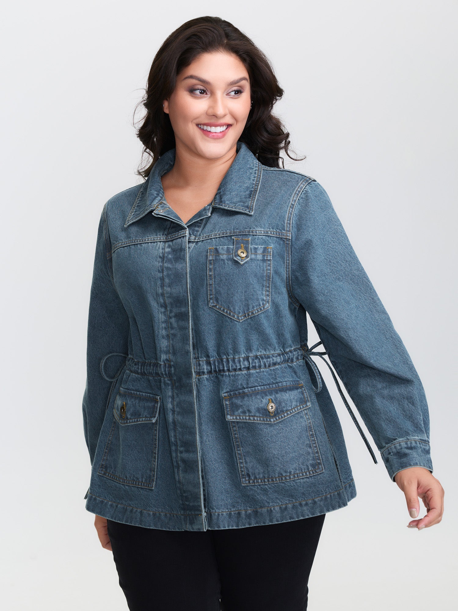 Adjustable Waist Drawstring Denim Jacket