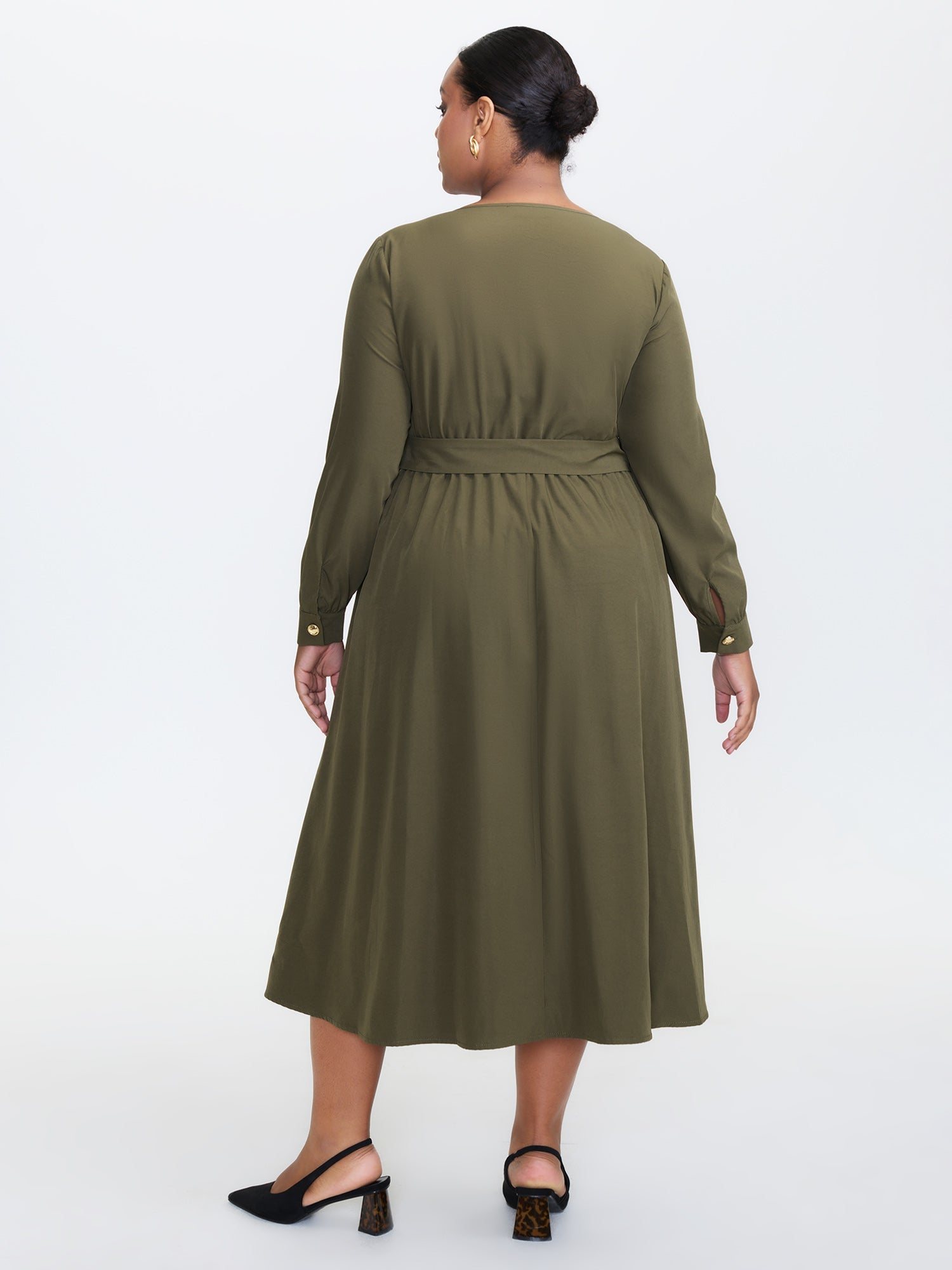 Belted Waist Buttons Pockets Midi Dress